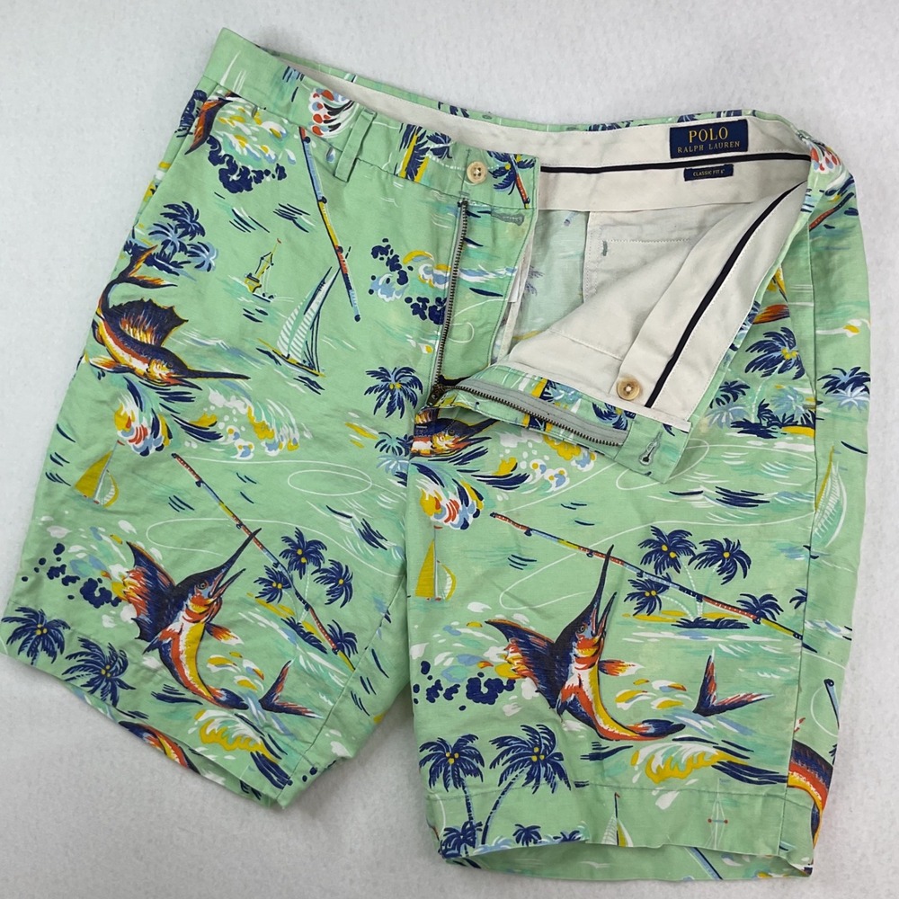 Polo Ralph Lauren Shorts Mens 36 Green Marlin Sailboat Linen Blend Classic Fit